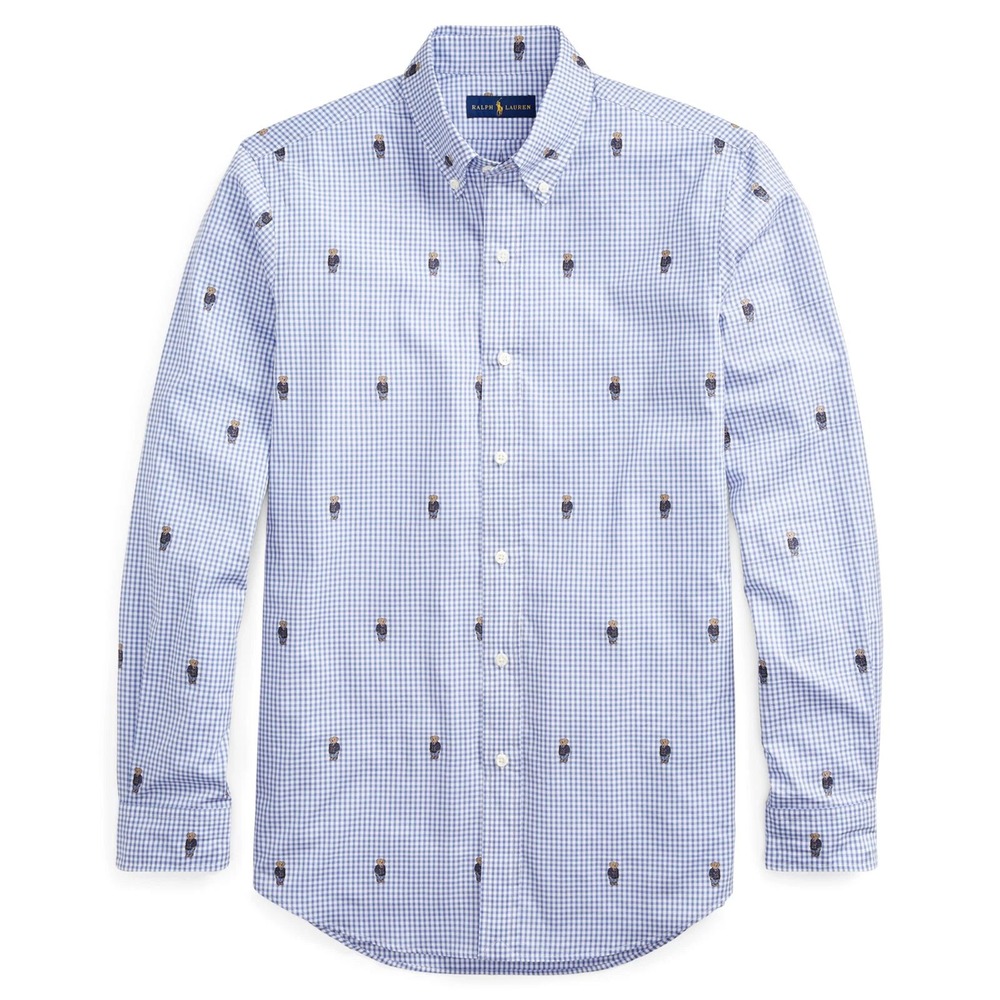 Polo Ralph Lauren Classic Fit Allover Bear Gingham Dress Shirt Blue Large